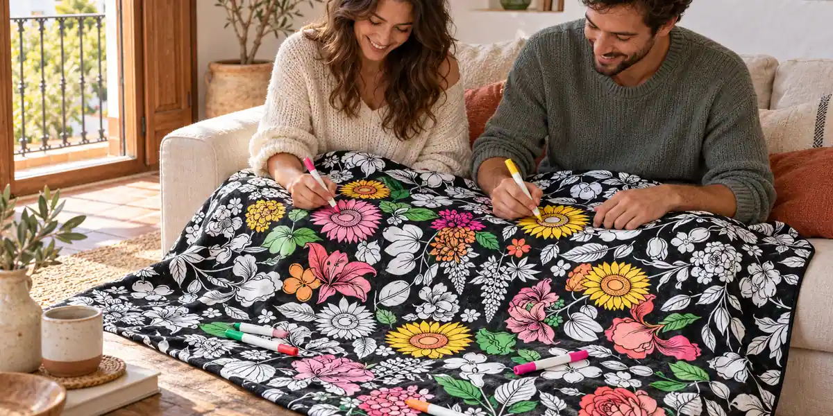 Dos adultos sentados en un sofá pintan con rotuladores para tela la manta con el dibujo Jardín, ya en parte coloreada